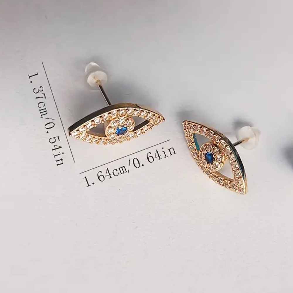 Gold Cubic Zirconia Evil Eye Earrings, Evil Eye Studs, Stud Earrings - Picture 7 of 7